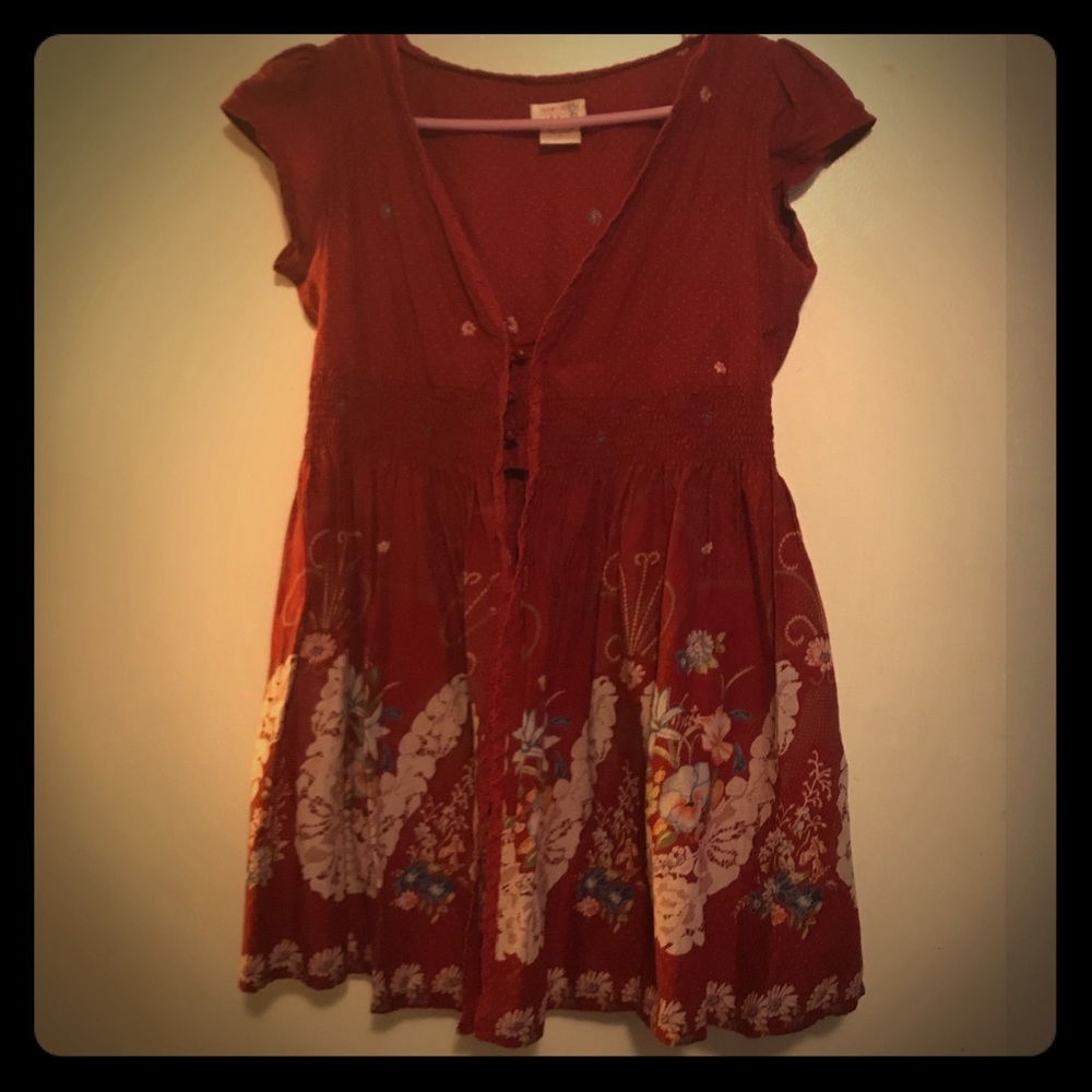 Cute Boho Hippie Red Cap Sleeve Dress - S